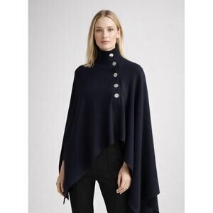 Hugo Boss 100% Virgin Wool Navy Knit Poncho Cape High Neck Button Detail